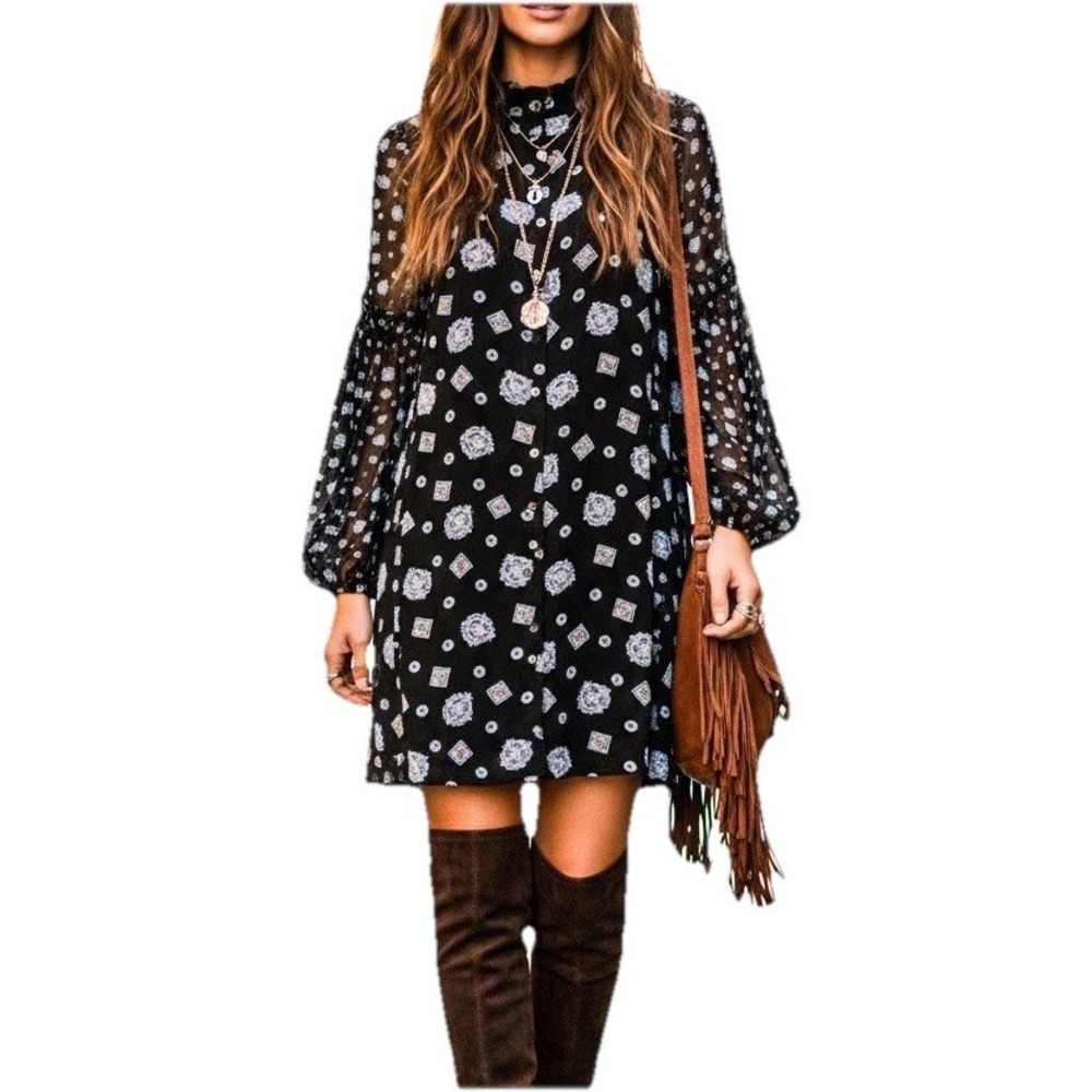 Free People Dress‎ Turn Turn Black Blue Medallion Boho Mini  EUC  Size XS